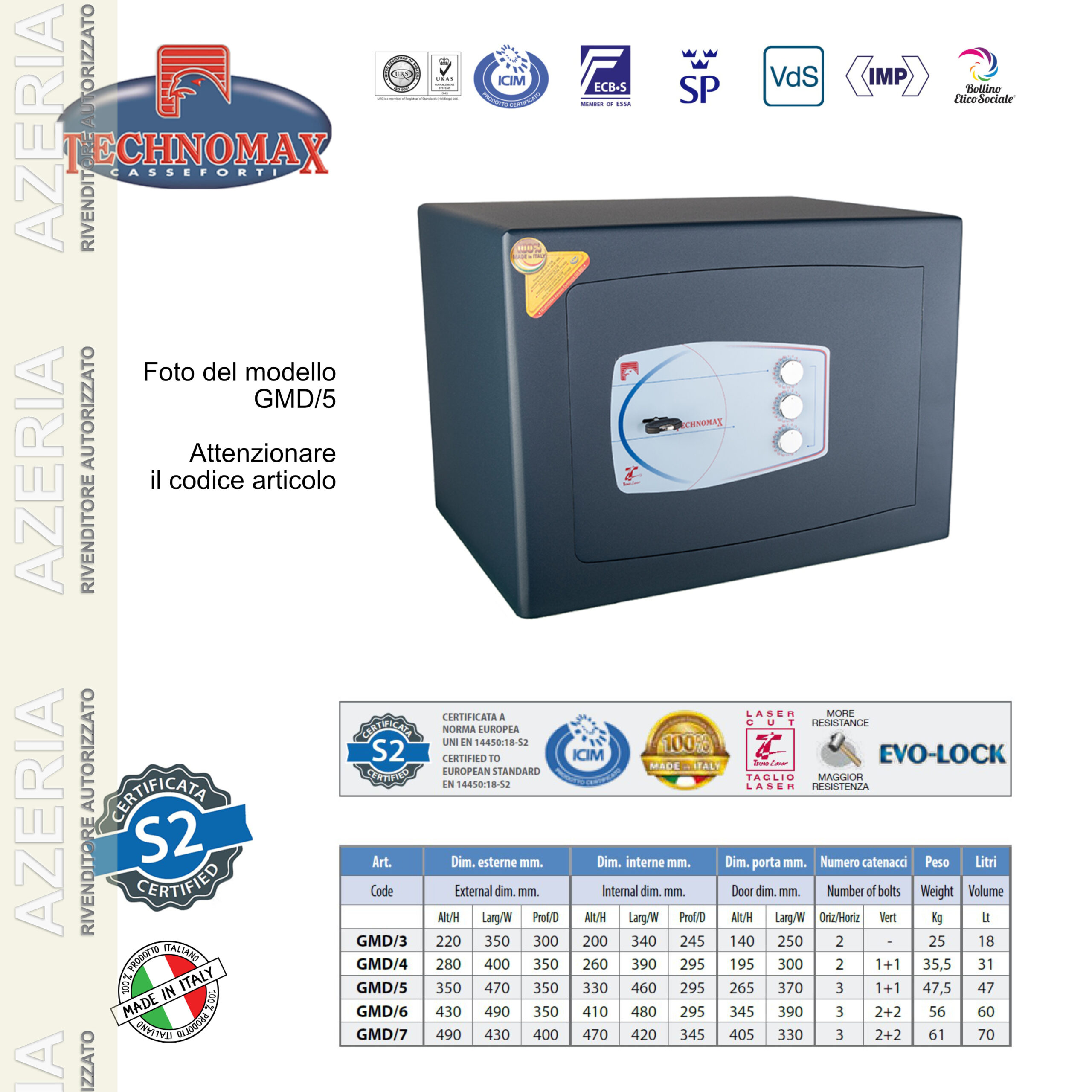 CASSAFORTE GMD/3 22X35X30 HxLxP CON CHIAVE A DOPPIA MAPPA + COMBINATORE TECHNOMAX GMD - immagine 3